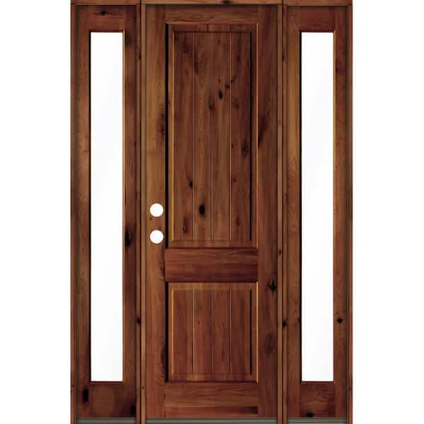 Krosswood Doors 60 in. x 96 in. Rustic Alder Square Red Chestnut Stained Wood V-Groove Right Hand Single Prehung Front Door