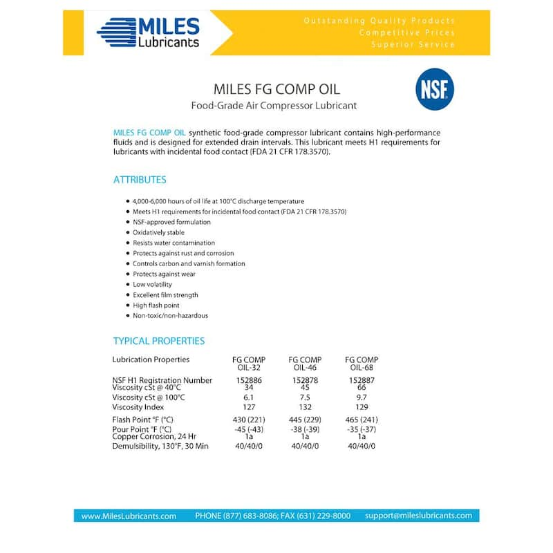 Miles Fg Comp Oil 32-Food Grade-Synthetic Rotary Compressor Fluid H-1 Regirstered 5 gal./Pail