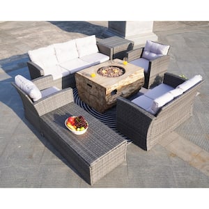 Stirp II 7-Piece Rock and Fiberglass Fire Pit Table with Gray Wicker Conversation Sofa Set with Gray Cushions