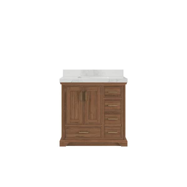 Willow Collections Charlotte Teak 36 in. W x 22 in. D x 36 in. H Center Sink Bath Vanity in Dark Natural with 2 in. Calcutta Nuvo Qt. Top