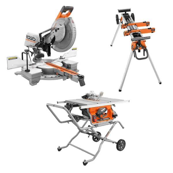 RIDGID 15 Amp 10 in. Portable Corded Pro Jobsite Table Saw with Stand, 12 in. Dual Bevel Sliding Miter Saw, & Compact Stand