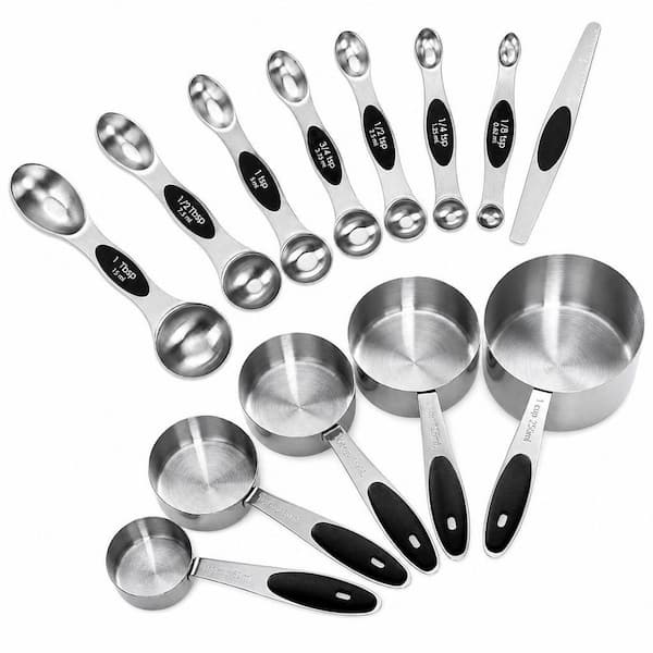 Stainless Steel 13-Piece Black Measuring Cup and Spoon Set with Magnetic Spoons and Nonslip Handles