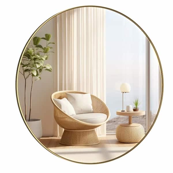 PRIMEPLUS 30 in. W x 30 in. H Large Round Mirror Metal Framed Mounted Mirror Wall Mirrors Bathroom Mirror Vanity Mirror in Gold