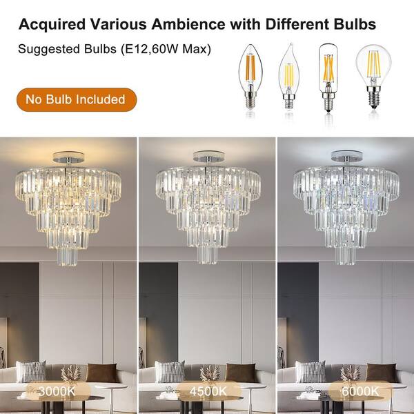 19.7 in. 10-Light Chrome Flush Mount Chandelier with Crystals