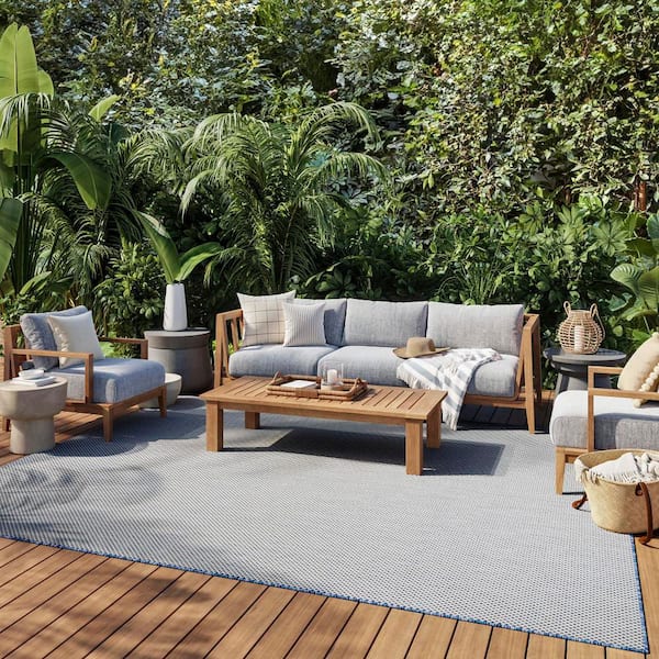 Courtyard Ivory Blue 8 ft. x 10 ft. Geometric Contemporary Indoor/Outdoor Patio Area Rug