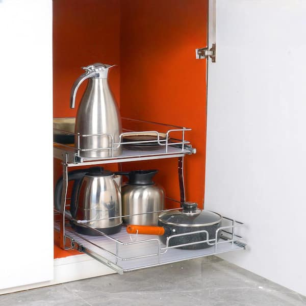 Silver Metal Pull Out Cabinet Organizer, Heavy Duty Slide Out Pantry Shelves