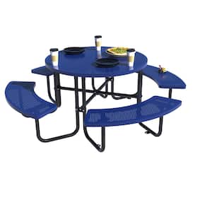 83.46 in. Blue Round Industrial Strength Steel Picnic Table Seats 8-People with Umbrella Hole