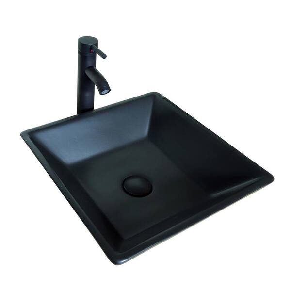 Tatahance Ceramic Square Bathroom Vessel Sink in Black with ORB Faucet and Drain