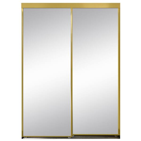 Unbranded 48 in. x 84 in. Polished Edge Mirror Framed with Gasket Interior Closet Aluminum Sliding Door with Gold Trim