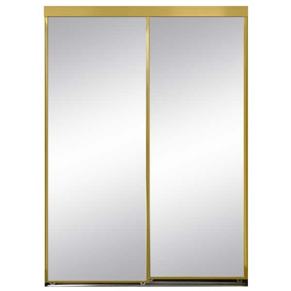 Unbranded 90 in. x 96 in. Polished Edge Mirror Framed with Gasket Interior Closet Aluminum Sliding Door with Gold Trim