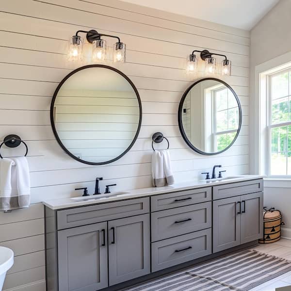 21 in. 3-Light Black Vanity Light with Clear Cylinder Glass Shades for Bathroom, Mirror, Powder Room