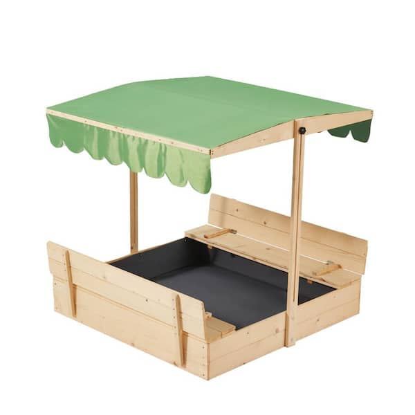 Unbranded 3.6 ft. W x 3.6 ft. L Wood Square Outdoor Sandbox for Kids with 2 Foldable Bench Seats and Adjustable Canopy Roof, Green