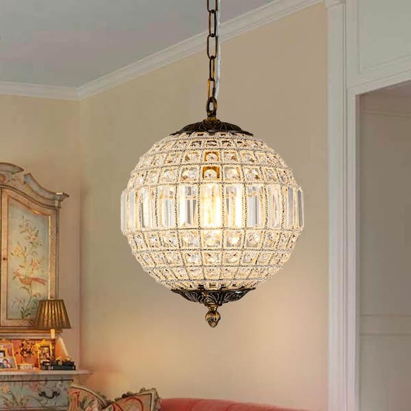 EDISLIVE Allenglade 11.8 in. 1-Light Unique Antique Brass Globe Pendant Retro Chandelier with Crystal Accents