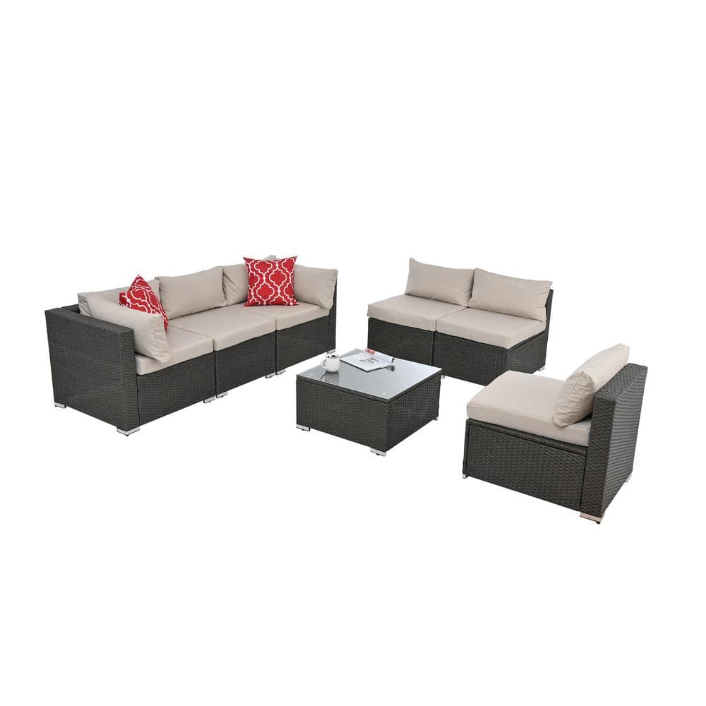 Tenleaf 7-Piece Dark Gray Wicker Patio Conversation Set with Beige ...
