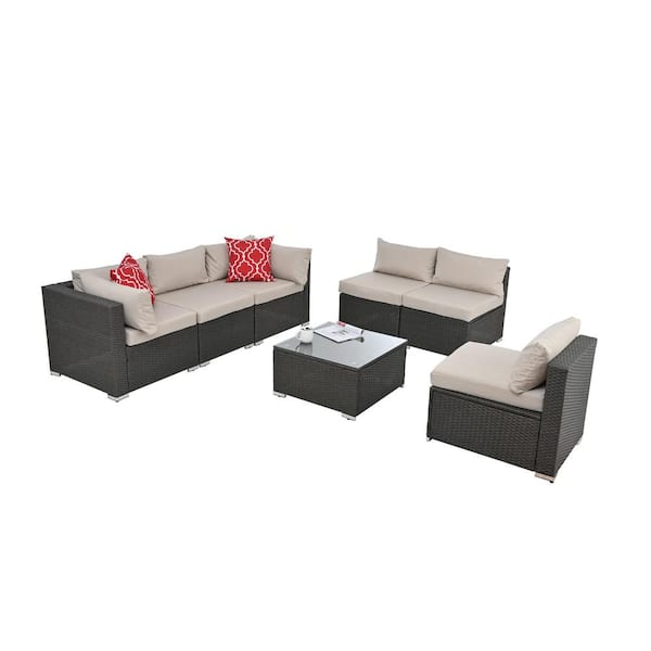 Tenleaf 7-Piece Dark Gray Wicker Patio Conversation Set with Beige Cushions, Tempered Glass Coffee Table