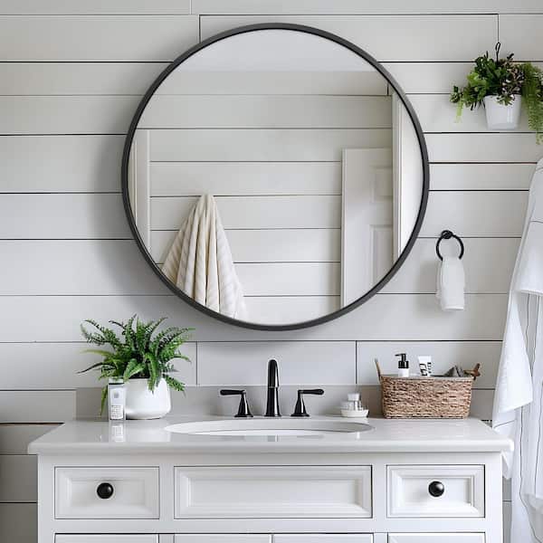 Black 23.79 In W x 23.79 In. H Circular mirror cabinet Iron Framed Mirror