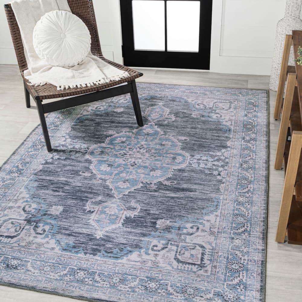 Gray and Blue Chenille Medallion Washable Area Rug