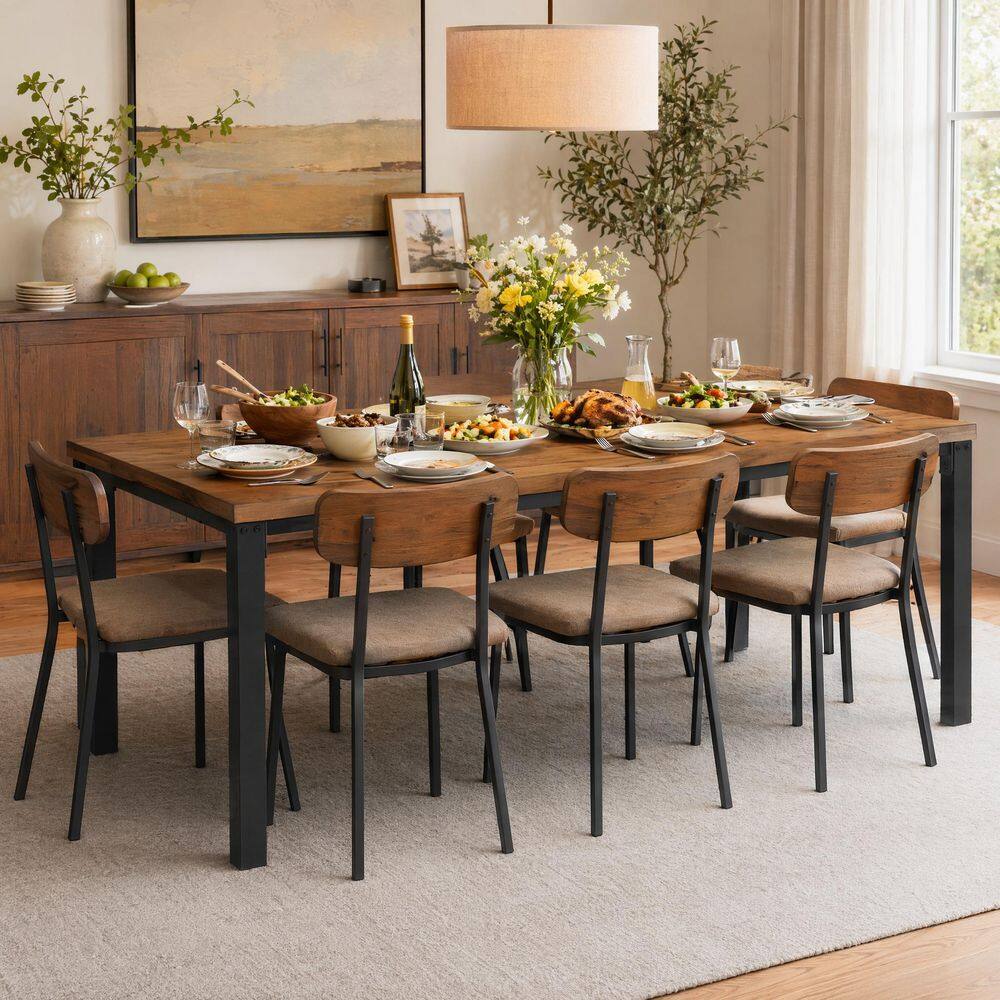 Roesler Industrial Walnut Solid Wood 70.87 in 4 Legs Dining Table with Metal Frame, Pine Wood Tabletop Seats 6