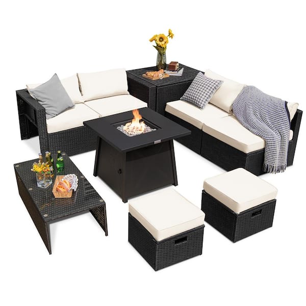 Costway 9-Piece Wicker Furniture Patio Conversation Set Fire Pit SpaceSaving with Cover Off White Cushion Cover