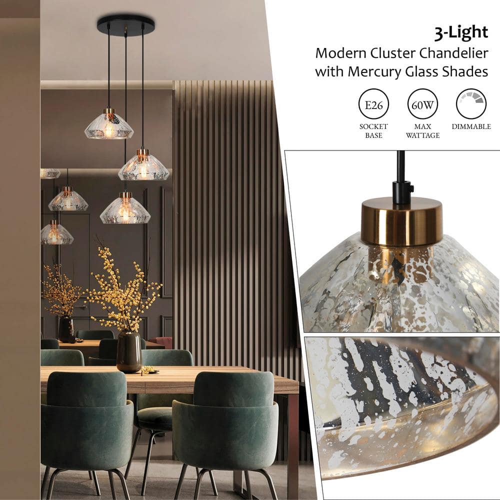 Modern Black and Brass 3-Light Glass Cluster Pendant