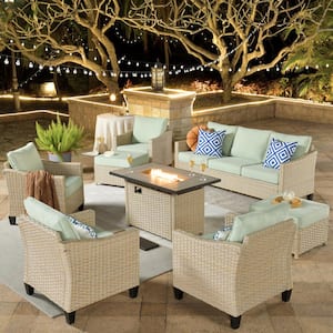 Camelia C Beige 8-Piece Wicker Patio Rectangular Fire Pit Seating Set with Mint Green Cushions