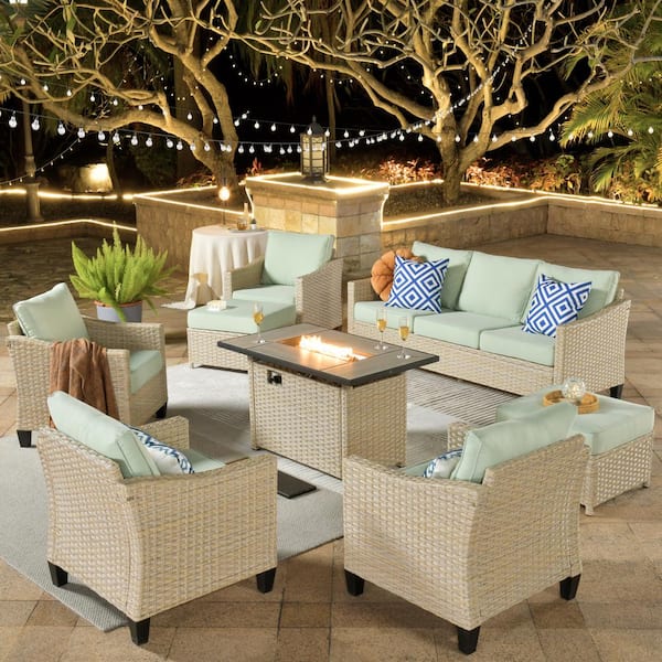 weaxty W Camelia C Beige 8-Piece Wicker Patio Rectangular Fire Pit Seating Set with Mint Green Cushions