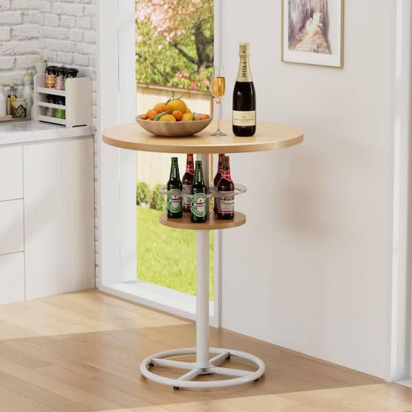 VECELO 36 in. Round Bar Height Table with Wine Rack and Storage Shelf-Bistro Pub Table for Home or Kitchen Oak Bar Table