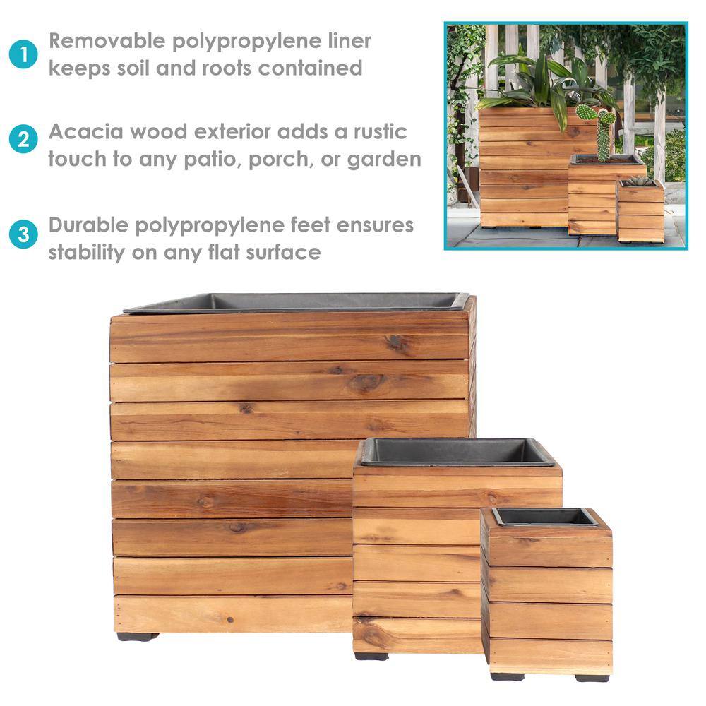 Set of 3 Light Brown Acacia Wood Square Planter Boxes with Plastic Liners