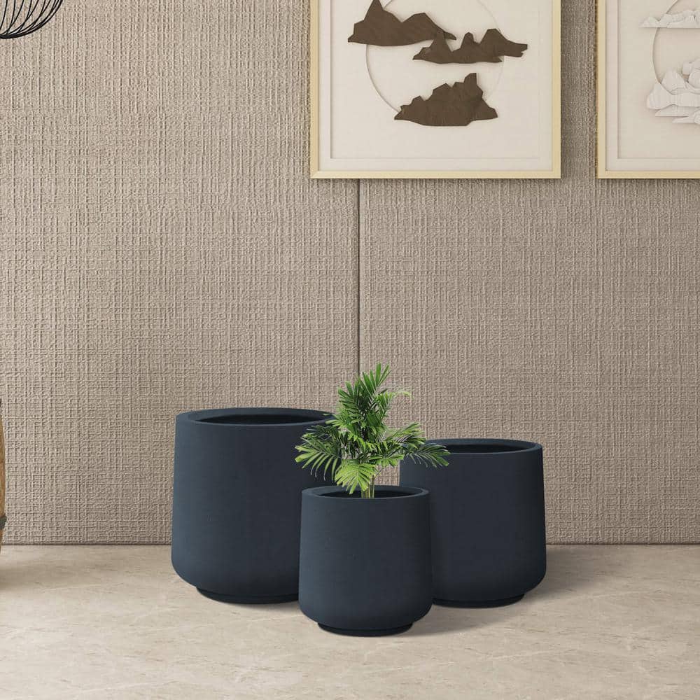 Kante Charcoal Concrete Round Planters with Drainage Holes Set