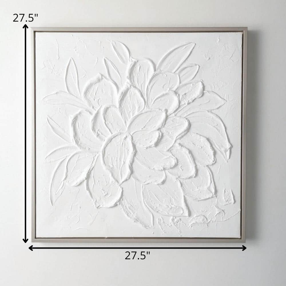 Embossed White Flower Canvas Wall Art with Silver Frame, 27.5"