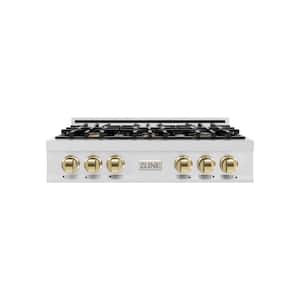 Autograph Edition 36 in. Legacy Rangetop with 6 Burners in Satin Stainless Steel with Polished Gold Accents