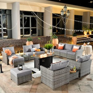 Prosperine Gray 13-Piece Wicker Outerdoor Patio Rectangular Fire Pit Sectional Seating Set with Dark Gray Cushions