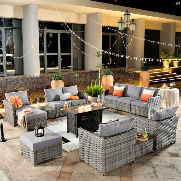 weaxty W Prosperine Gray 13-Piece Wicker Outerdoor Patio Rectangular Fire Pit Sectional Seating Set with Dark Gray Cushions