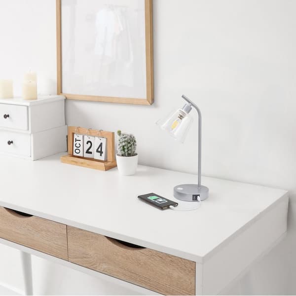 15.75 in Silver Rechargeable Integrated LED No Design Task & Reading Table Lamp for Living Room with Clear Glass