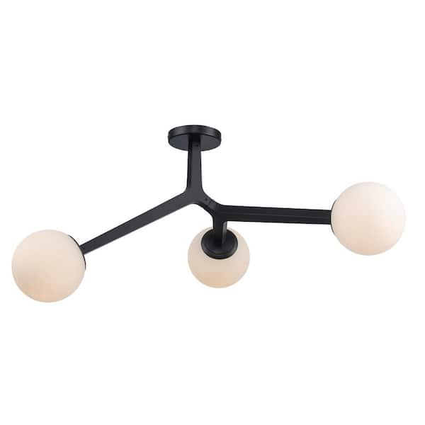 Bel Air Lighting Rebel 31 in. 3-Light Black Flush Mount Ceiling Light Fixture with White Opal Glass Shades