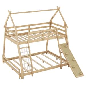 Natural Twin over Queen Wood House Bunk Bed with Climbing Nets and Climbing Ramp