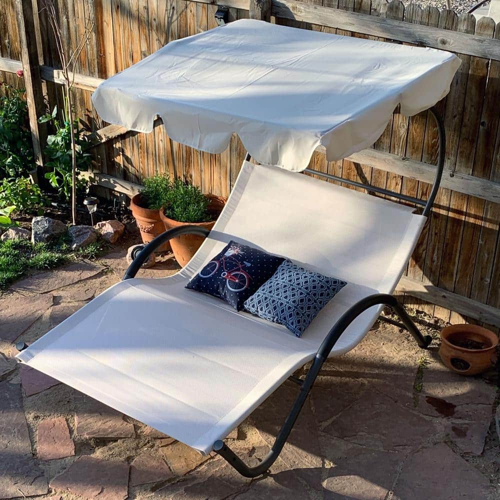 Beige Double Chaise Lounge with Canopy and Cushions