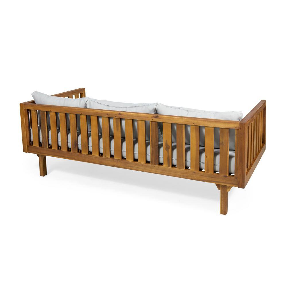 Teak Brown Acacia Wood Daybed with Light Gray Cushions