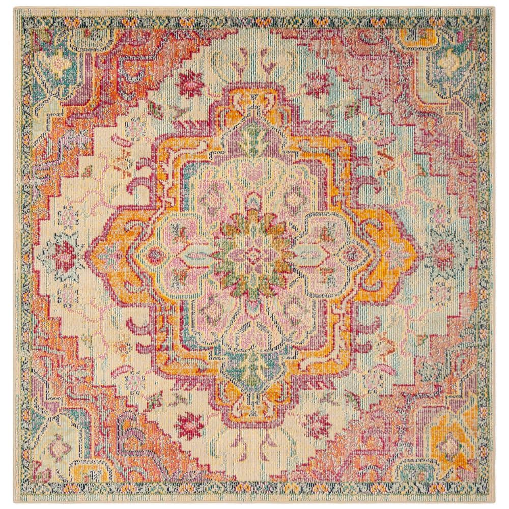 Light Blue and Fuchsia Medallion Square Synthetic Rug