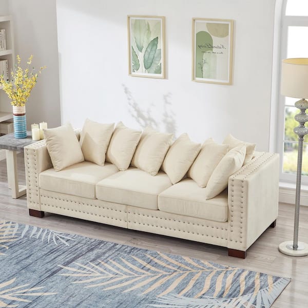 Quenric Modern 84.5 in. Square Arm Nailheads Velvet Upholstered Rectangle Storage 3-Seats Sofa in Apricot with Pillows