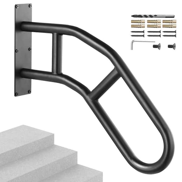 VEVOR Handrails for Outdoor Steps 17.72 in. x 3.15 in. Black steel Stair Railing Kit Wall Mount Railings 1-3 Steps U-Shaped