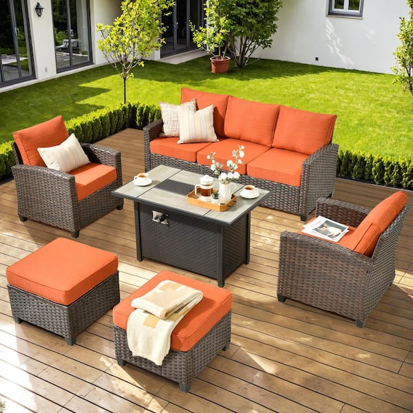 Toject Palermo Brown 6-Piece Wicker Outdoor Modular Patio Furniture Sofa Set with Metal Fire Pit and Orange Red Cushions