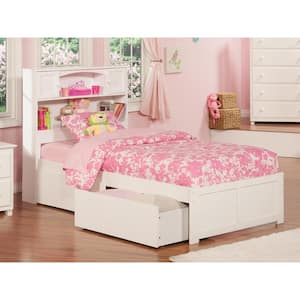 Newport White Twin Solid Wood Storage Platform Bed with Flat Panel Foot Board and 2 Bed Drawers