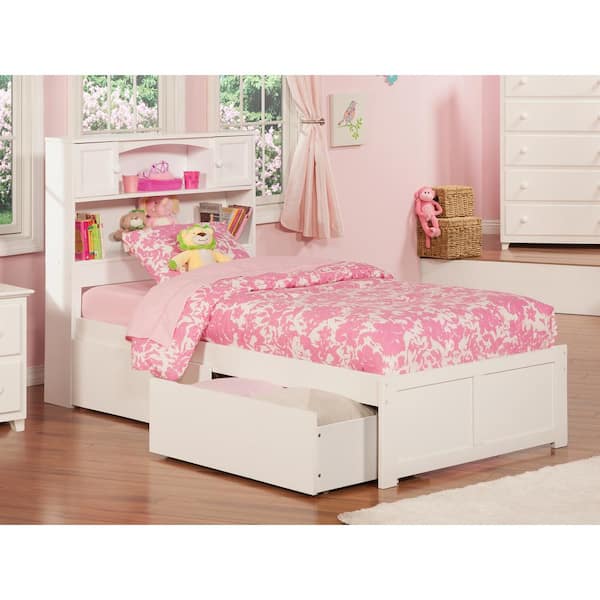 AFI Newport White Twin Solid Wood Storage Platform Bed with Flat Panel Foot Board and 2 Bed Drawers