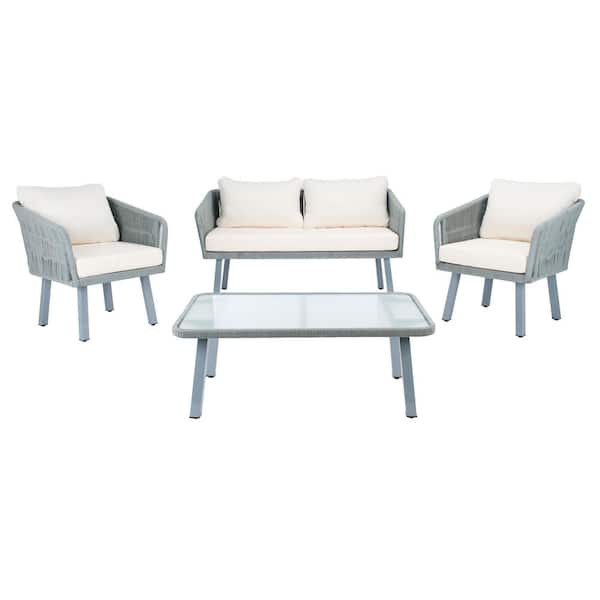SAFAVIEH Kerson Gray 4-Piece Wicker Patio Conversation Set with Beige Cushions