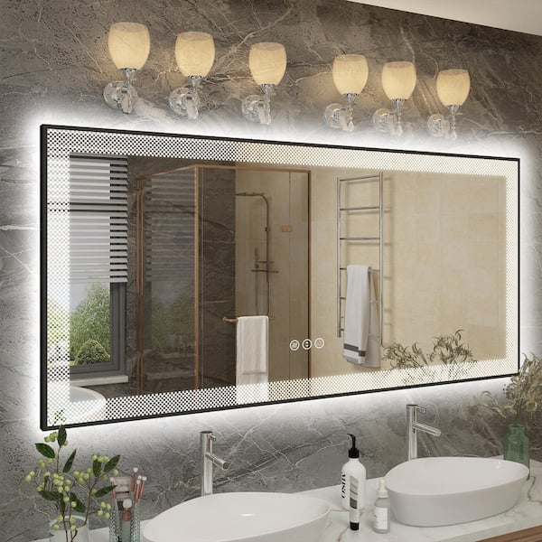 60 in. W x 28 in. H Rectangular Framed Checkerboard LED Lighted Anti-Fog Tempered Glass Wall Bathroom Vanity Mirror