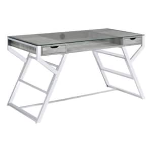 56 in. Rectangular Gray and Chrome Glass Top 2-Drawer Writing Desk with Metal Frame