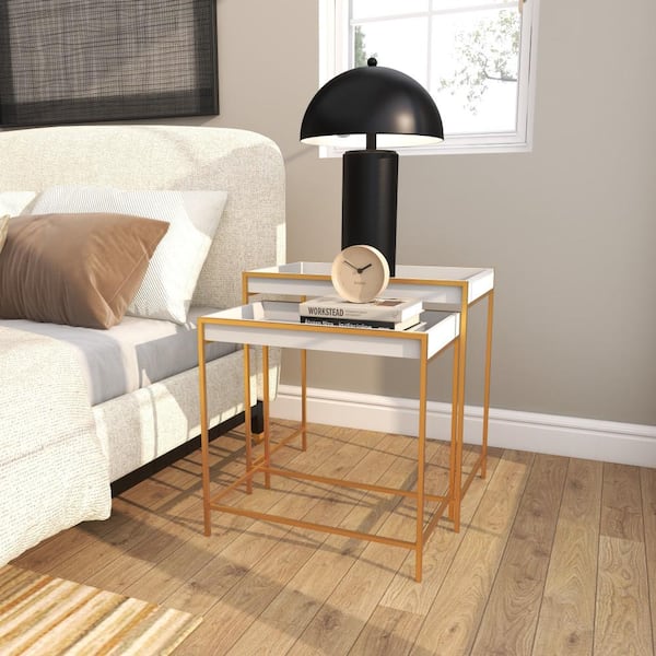 Litton Lane 22 in. White Large Rectangle Wood Nesting Geometric Console Table with Gold Metal Legs (2- Pieces)