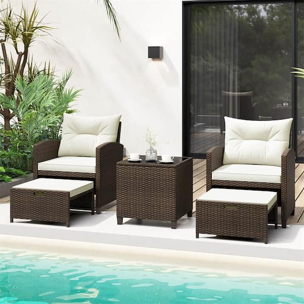 Brown 5-Piece Metal Patio Conversation Set with 2 Ottomans and Tempered Glass Coffee Table and Cushion Off White