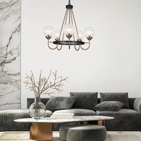 5-Light Brass Chandelier Lighting, Sputnik Pendant Lights for Kitchen Island, Modern Black Chandelier with Round Glasses
